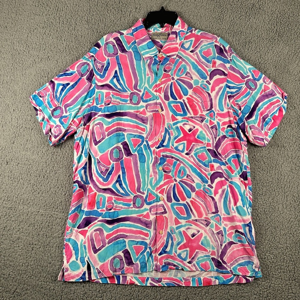 Kenny Flowers Shirt Mens XXL Tropical Abstract Pink Turquoise Short Sleeve Rayon